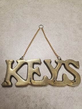 Vintage Mid-Century Solid Brass "KEYS" Wall Hook Rack - 7"